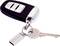 A car key fob with a black remote control, a silver USB stick, and a silver key.