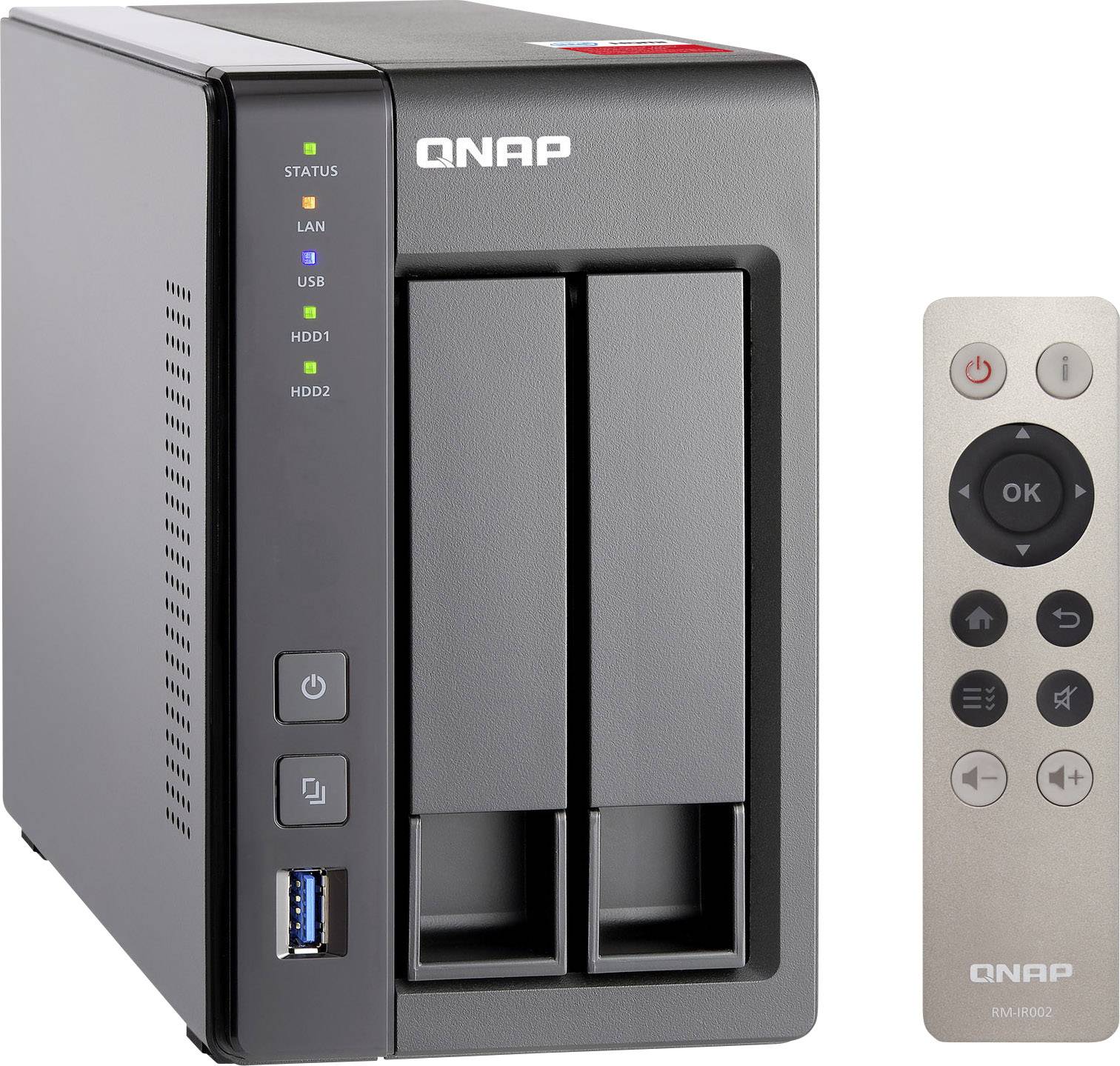 A network-attached storage (NAS) device from QNAP with two drive bays and a remote control beside it. Suitable for home or office use.