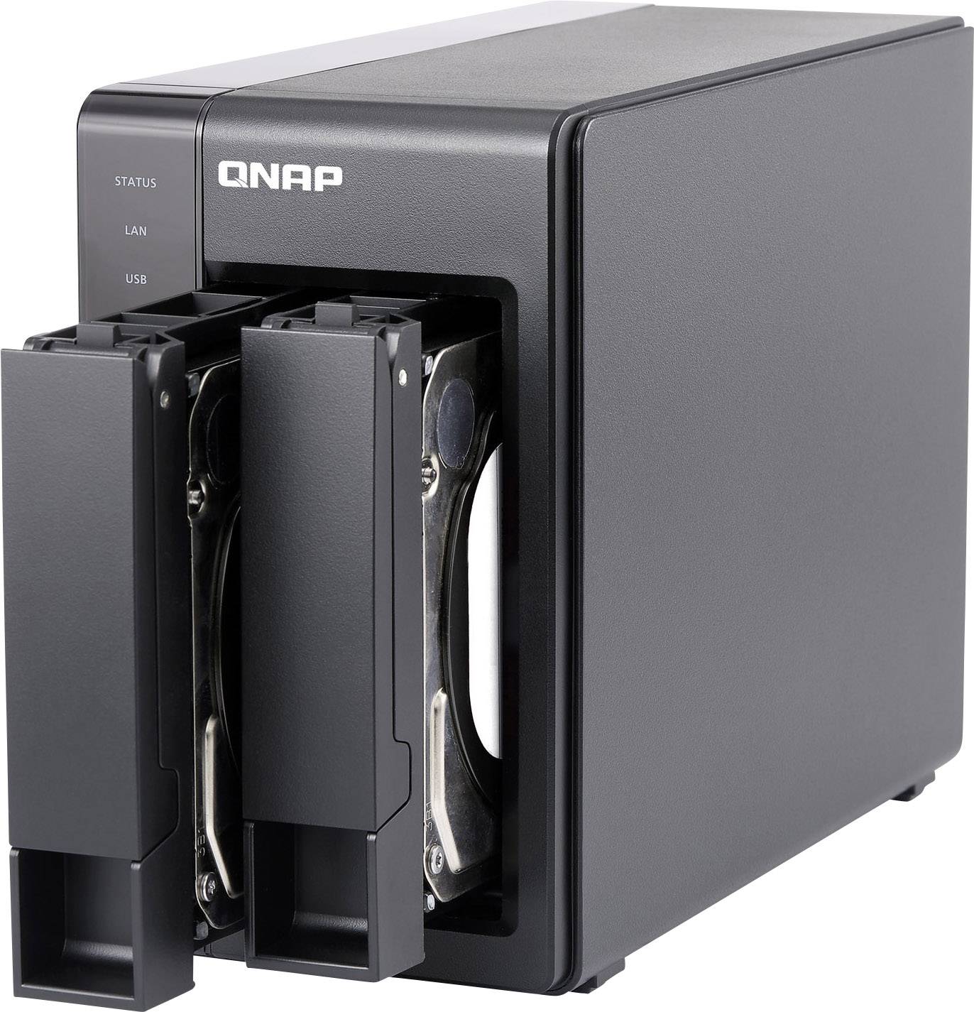 A QNAP NAS with two drive bays partially pulled out, revealing two hard drives.