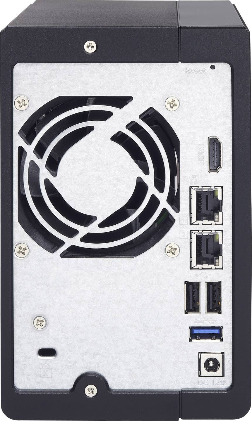 Rear view of a network storage device with a fan and various connection options including HDMI, Ethernet, and USB ports.