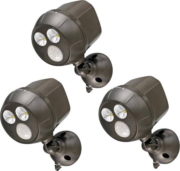Three black, battery-powered LED safety lights with motion sensors, mounted on a wall bracket.