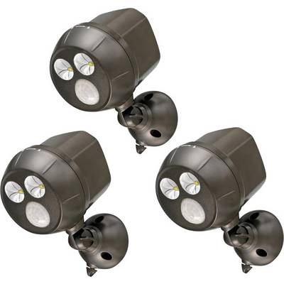 Three black, battery-powered LED safety lights with motion sensors, mounted on a wall bracket.