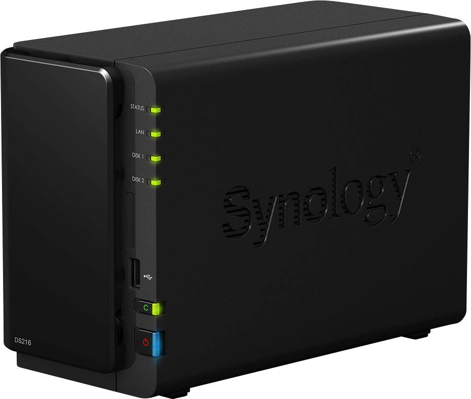 A black Synology network storage device with multiple green LED indicators on the front panel.