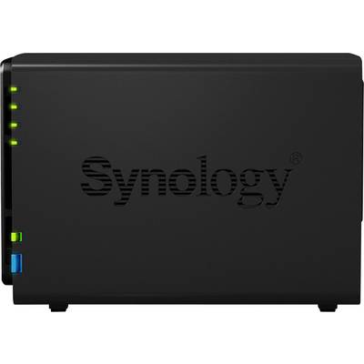 Black Synology NAS device with illuminated status indicators on the front panel.