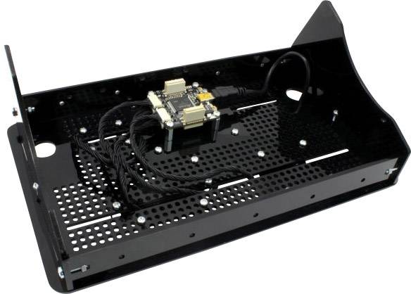 Black perforated metal enclosure with a small circuit board mounted and several connected cables.