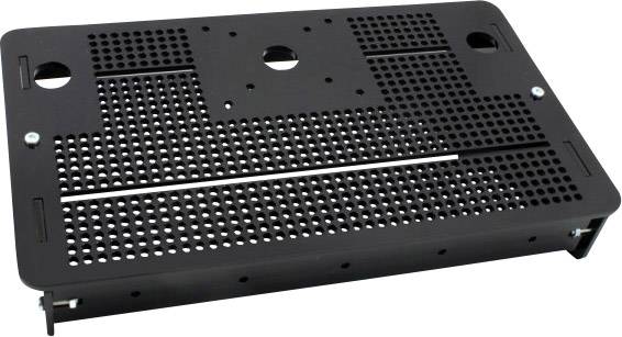 A rectangular, black metal grid with round holes and mounting holes for electronic devices or cooling equipment.