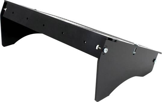 Black metal mounting bracket, likely for furniture or equipment, with multiple drill holes and bolted connections.