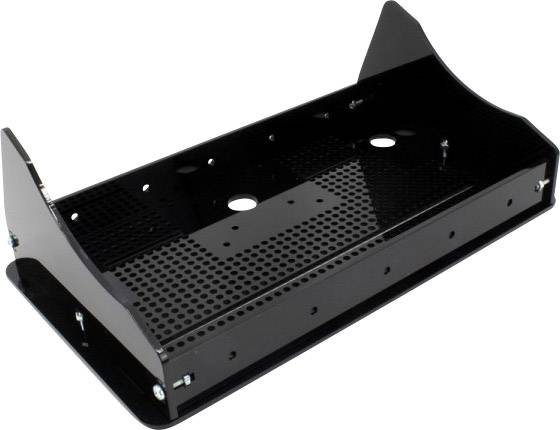 Black, rectangular metal bracket with holes, suitable for wall-mounting electronic devices or cable management.