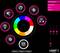 App interface for light control with a colour wheel in the centre, surrounded by symbols for light functions. A settings menu on the right.