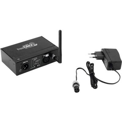 DMX Wireless Receiver with Antenna and Power Cable. Black Casing, Connection Sockets for DMX IN/OUT. Adapter with EU Plug.