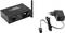 DMX Wireless Receiver with Antenna and Power Cable. Black Casing, Connection Sockets for DMX IN/OUT. Adapter with EU Plug.
