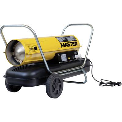 Portable yellow heating radiator on black wheels with a metal frame, ideal for construction or industrial environments. Power cable on the side.