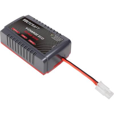 Battery charger by Voltcraft, model 'V-Charge Eco'. It has a black surface with ventilation slots and a cable with a plug.