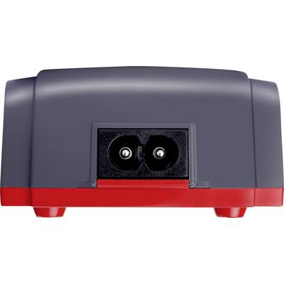 Rear view of a grey device with a red-accented base. A two-pin mains cable connection is visible in the centre.