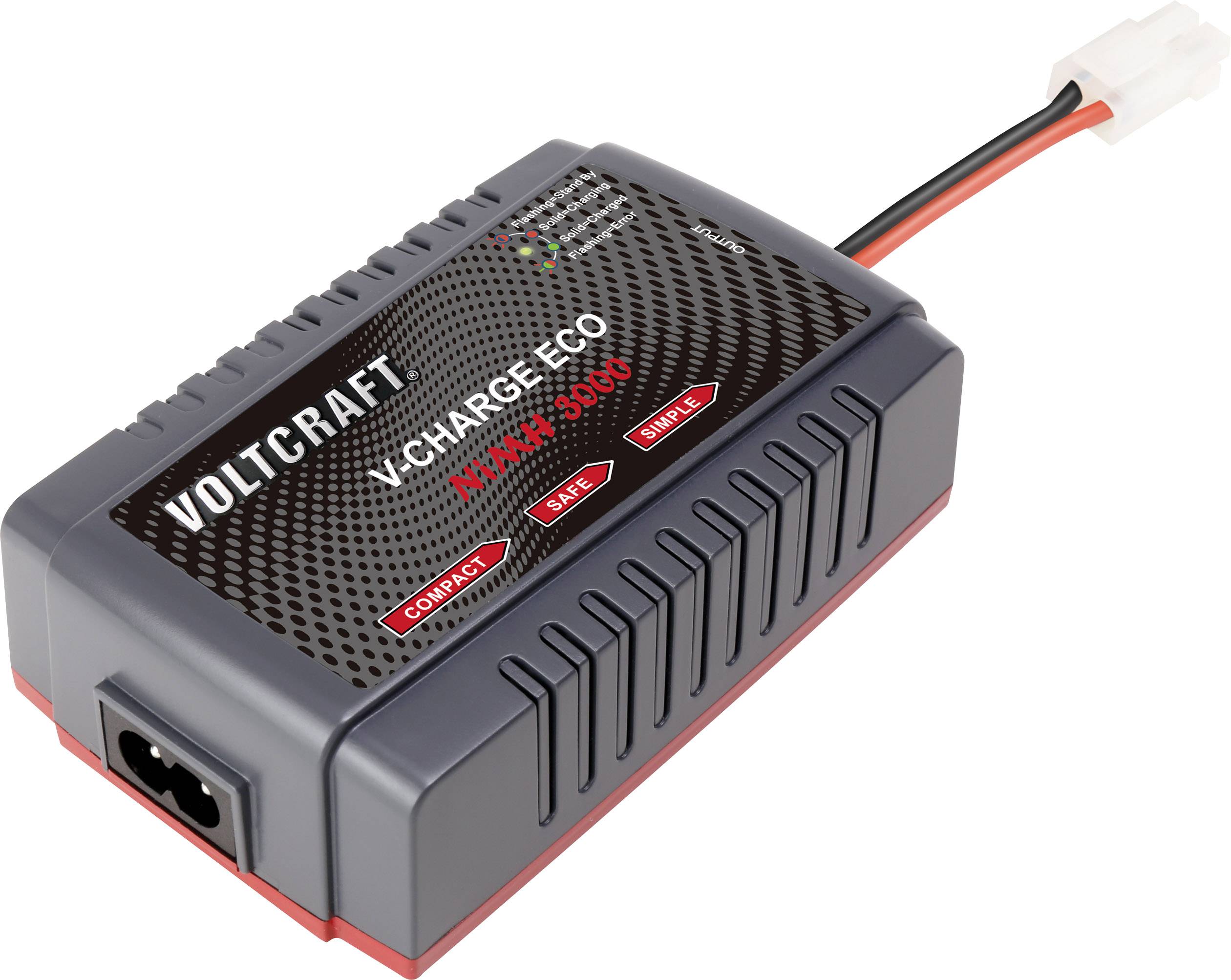 Battery charger with the inscription 'Voltcraft V-Charge Eco', showing connection and LED indicators for charging status.
