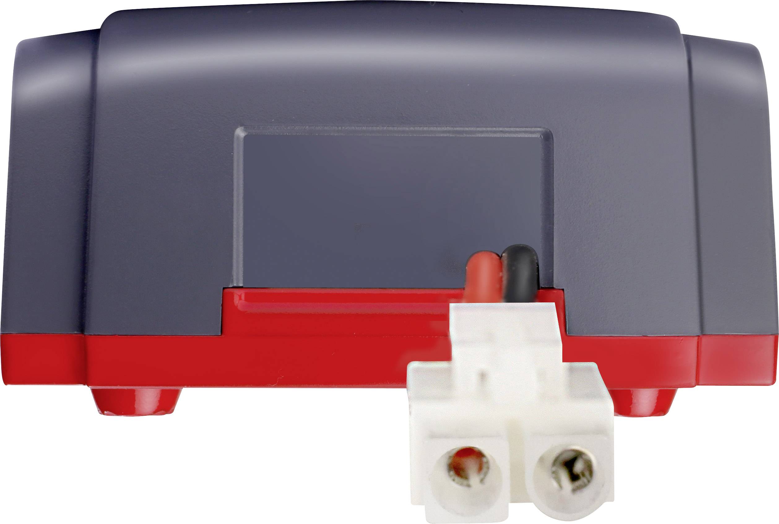 Grey and red electrical device with two protruding cables in white and black, possibly a charger or adapter.