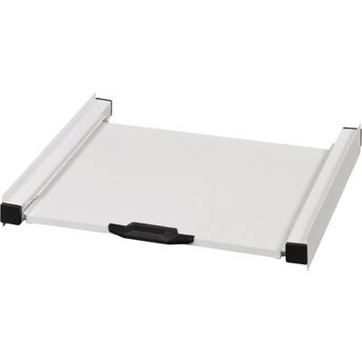 A retractable white keyboard tray with black handles, designed for mounting underneath a desk.