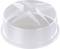 Clear, round plastic lid with a cross-patterned design and small ventilation holes on top, used for covering food.