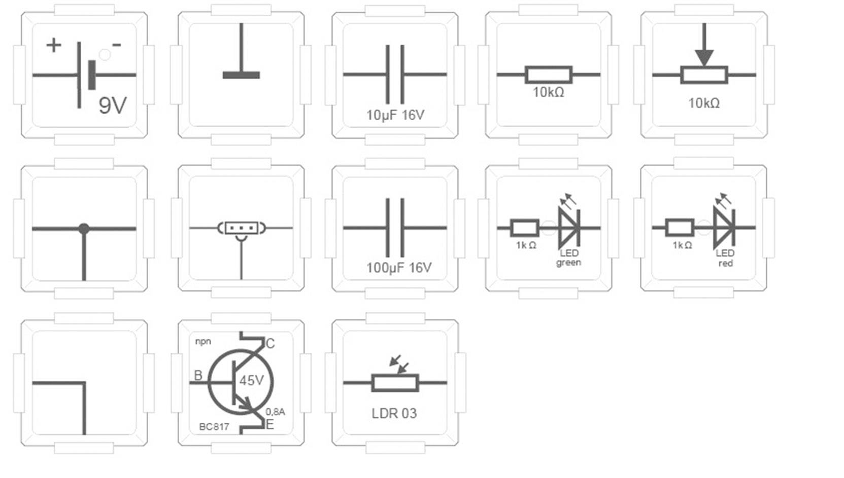 Electronic Symbols: 9V Battery, Switch, Capacitors 10µF and 100µF 16V, Resistors 10kΩ, Two LEDs (green, red), BC547 Transistor, LDR, Diode.