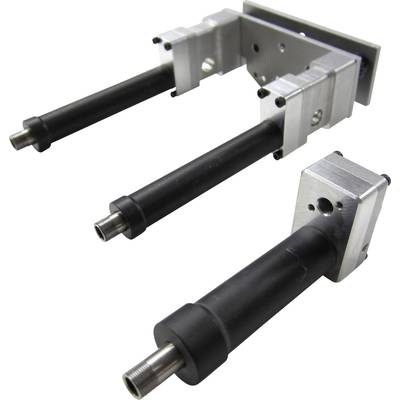 Three silver metal adapters with black extension arms for technical devices or machine mounting on a white background.