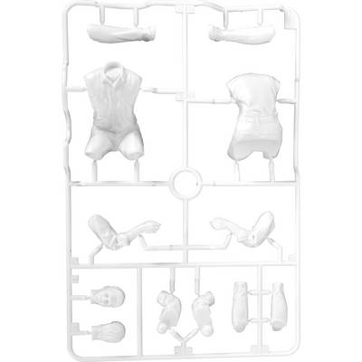 Plastic model kit with human body parts. Includes torso, arms, legs and heads in white plastic.