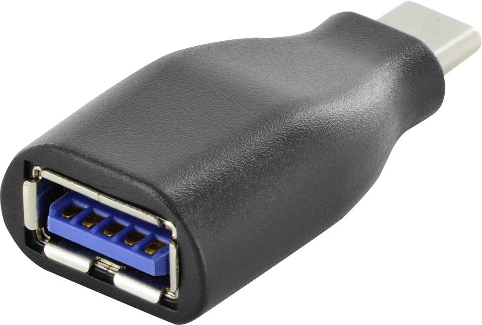 A black USB-C to USB-A adapter. Suitable for connecting devices with different USB ports.