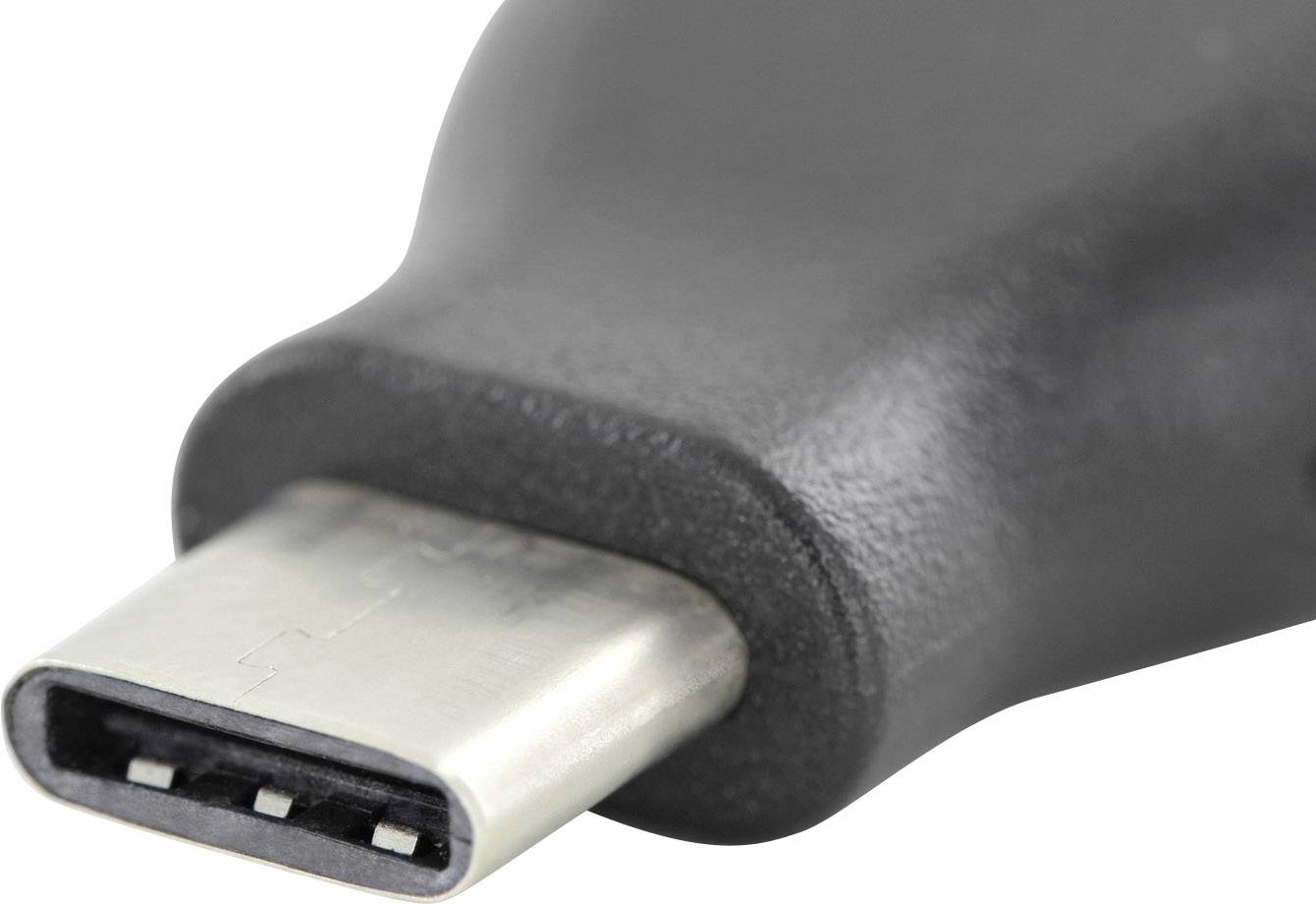 A black USB-C plug, close-up of the tip.