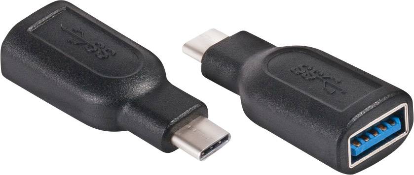 Two adapters: USB-C plug to USB-A socket with blue inner section. They are black and shown in close-up.