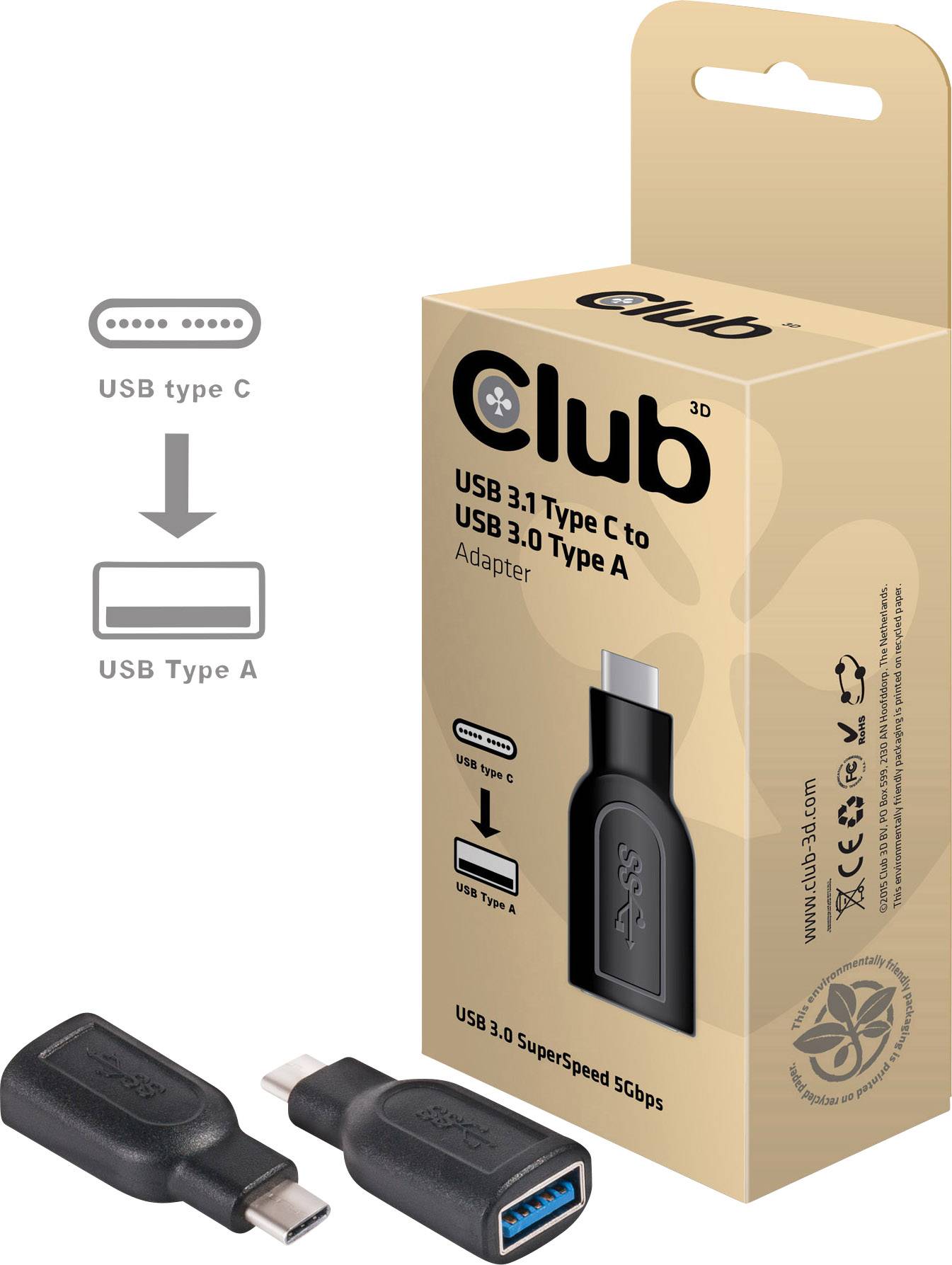 'Club 3D USB 3.1 Type C to USB 3.0 Type A Adapter' packaging with an image of the adapter, showing both connector types and speed specification of 5Gbps.