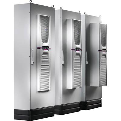 Three silver electrical cabinets with grey ventilation grilles and control panels in a modern design stand side by side.