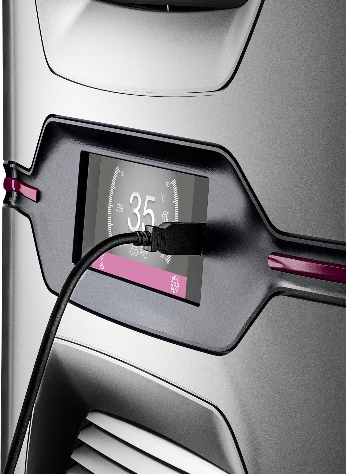 Close-up of a charger with a cable connected. A screen displays a battery charge level of 35 percent.