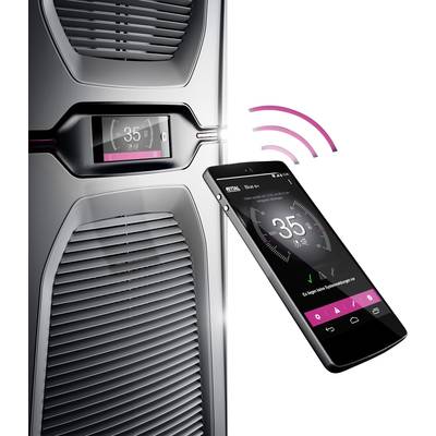 A smartphone wirelessly controls a heating unit. Both displays show '35°C'. Connection symbolised by pink radio signal.