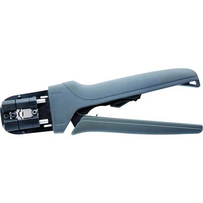 Blue crimping tool for network and telephone cables, angled with integrated knife and textured grip for better handling.