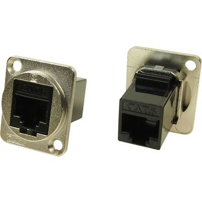 Two CAT6 network sockets, one mounted in a metal frame, one loose. For use with Ethernet connections.