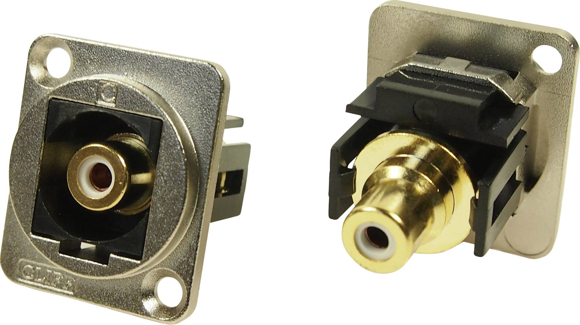 Two RCA sockets on metal plates, one shown frontally, the other sideways. They are used for audio or video transmission in audio equipment.