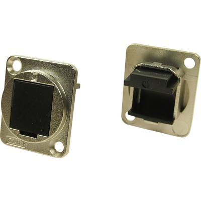 'Two RJ45 network sockets, one front and one rear view, mounted in metal housings with screw holes in the corners.'