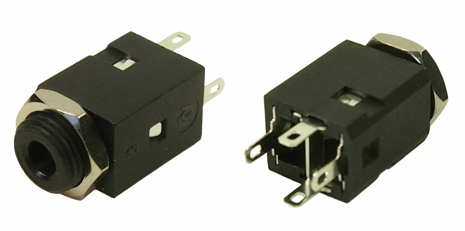Two black audio sockets with metal contacts, visible from the side and rear, for electronic connections or devices.
