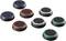 'Eight round, flat joystick caps in various colours (blue, red, white, green) with a textured surface.'