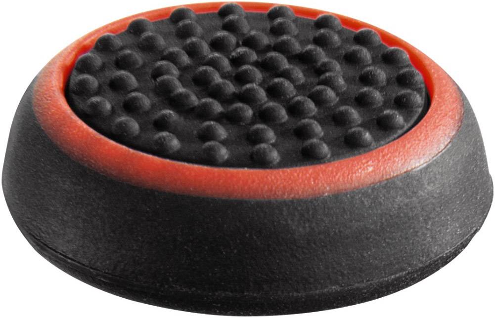 Black, curved joystick attachment with a red rim and textured surface for enhanced grip and control.