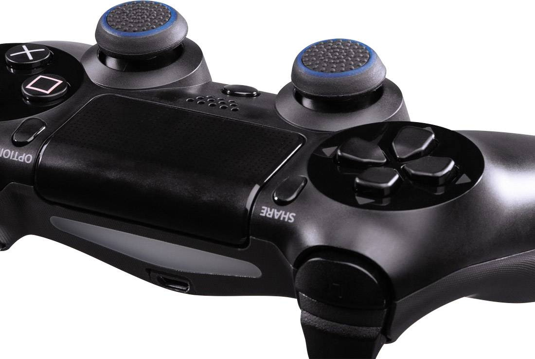 A black games controller with blue thumb grips, D-pad, buttons, and shoulder buttons, shown from the side.