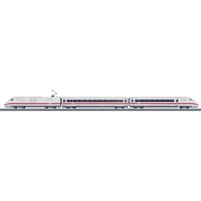 A white modern high-speed train with a red stripe and 'ICE' logo, pictured from the side, on railway tracks.