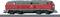 A red diesel locomotive of Deutsche Bahn is standing on a railway track. The locomotive has the inscription 'DB' on its side.