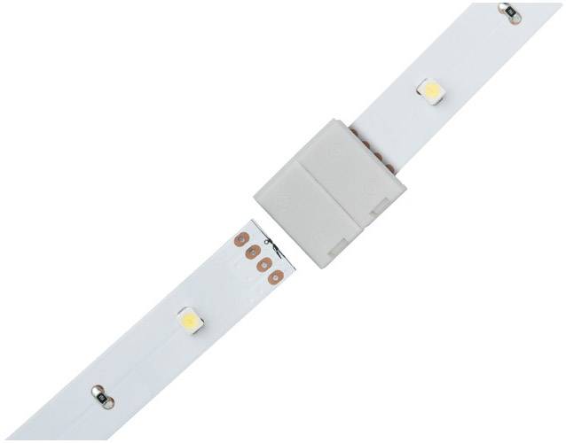 LED strip with connector in the middle, showing two white LED lights on a flexible band. Suitable for lighting projects.