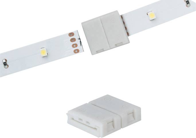 An LED strip is connected with a white plastic connector. The connector has two slots for the strip ends.