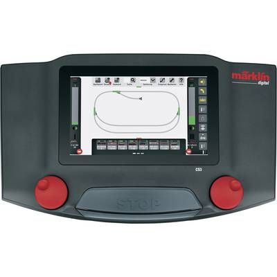 Control unit for model railways with a digital display and two red rotary knobs. Display shows track layout and control options.