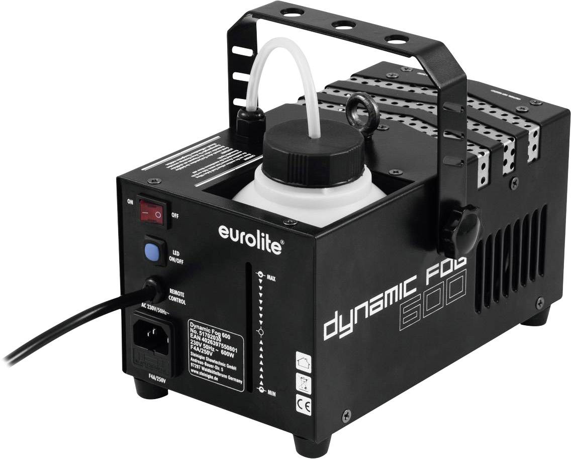 A compact fog machine with a black casing, suspension, and cable connection. 'Eurolite' brand name and 'Dynamic Fog 500' model printed on the device.