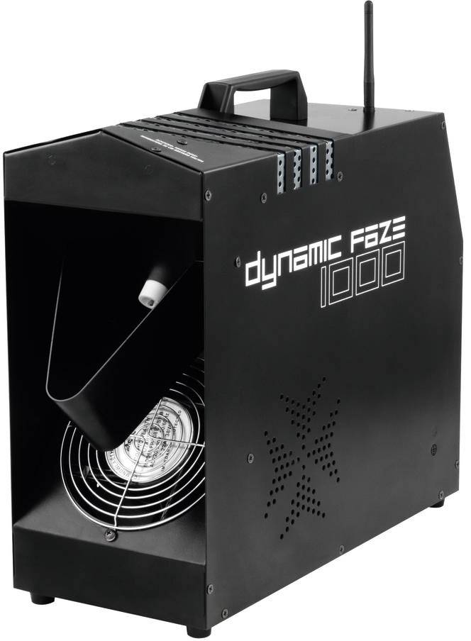 Black fog machine with the label 'dynamic FAZE 1000', equipped with a fan and carrying handle, for creating stage effects.