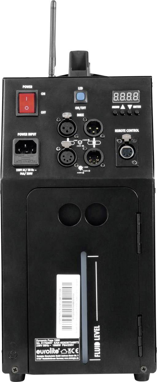 Rear view of a device with multiple ports, a power on/off switch, digital display, and antenna. Operational readiness and liquid level indicators are visible.