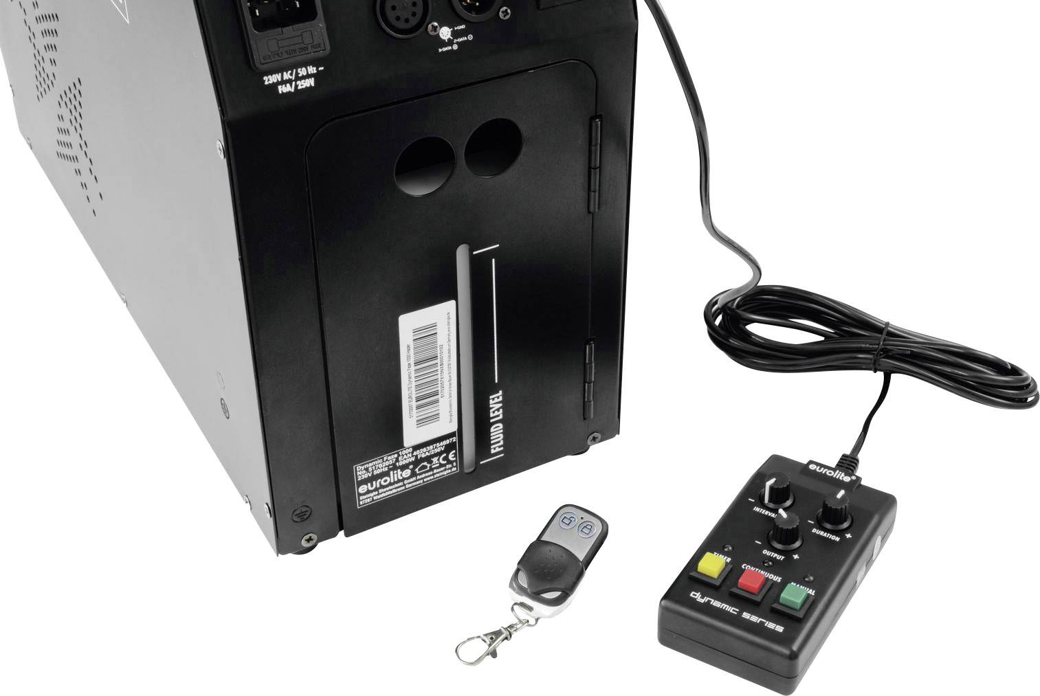 DJ fog machine with remote control and control console. Device plugged in, ready to be controlled via cable or remote control.