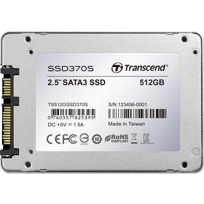 Transcend SSD, model name 'SSD370S'. 2.5-inch SATA3, capacity 512GB. Includes technical specifications and certification logos.